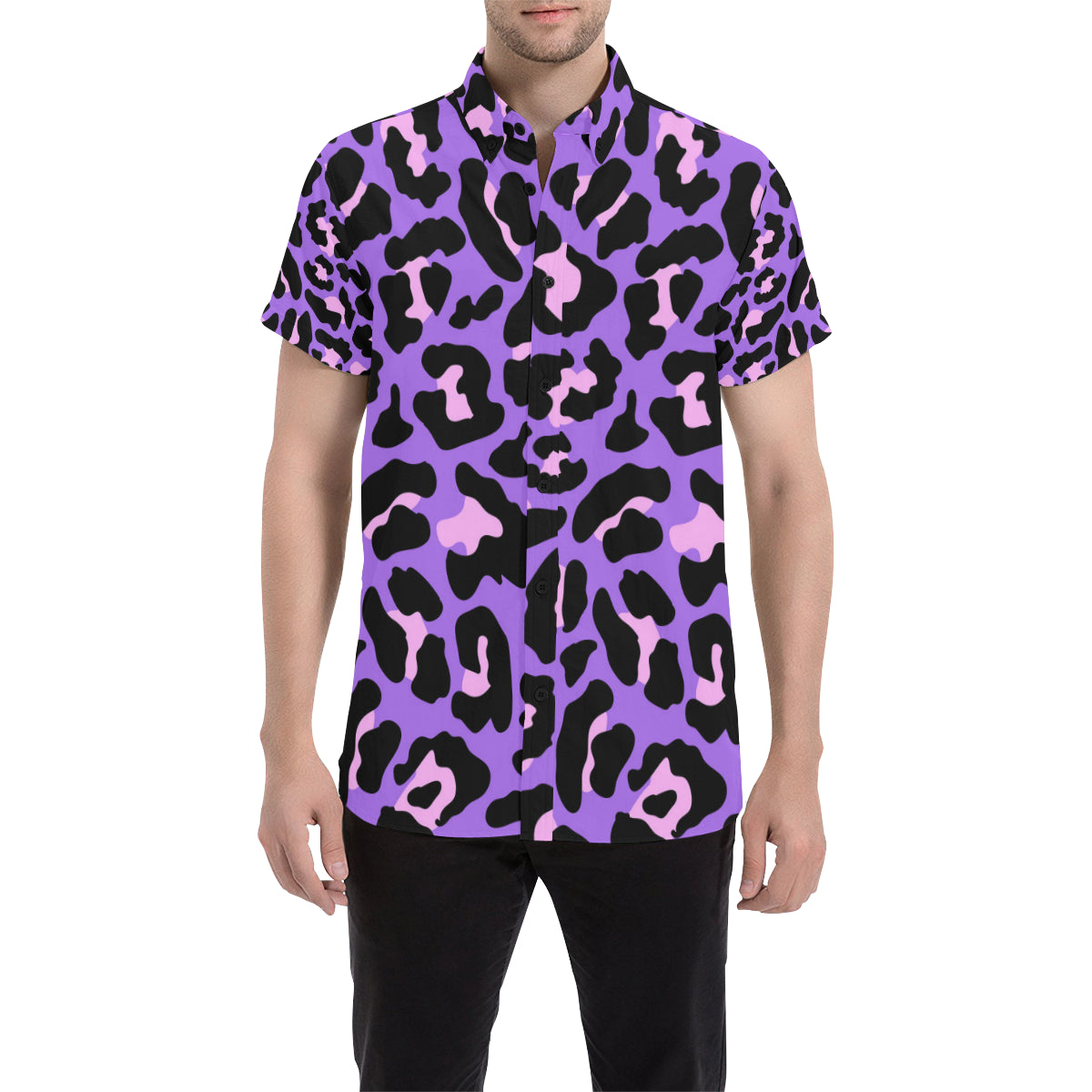 Cheetah Purple Neon Print Pattern Men's Short Sleeve Button Up Shirt