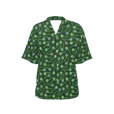 Peacock Feather Green Design Print Women's Hawaiian Shirt