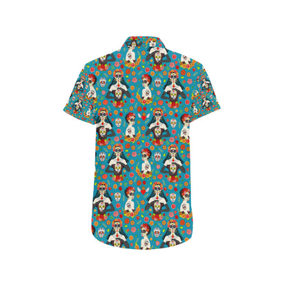 Day of the Dead Old School Girl Design Men's Short Sleeve Button Up Shirt