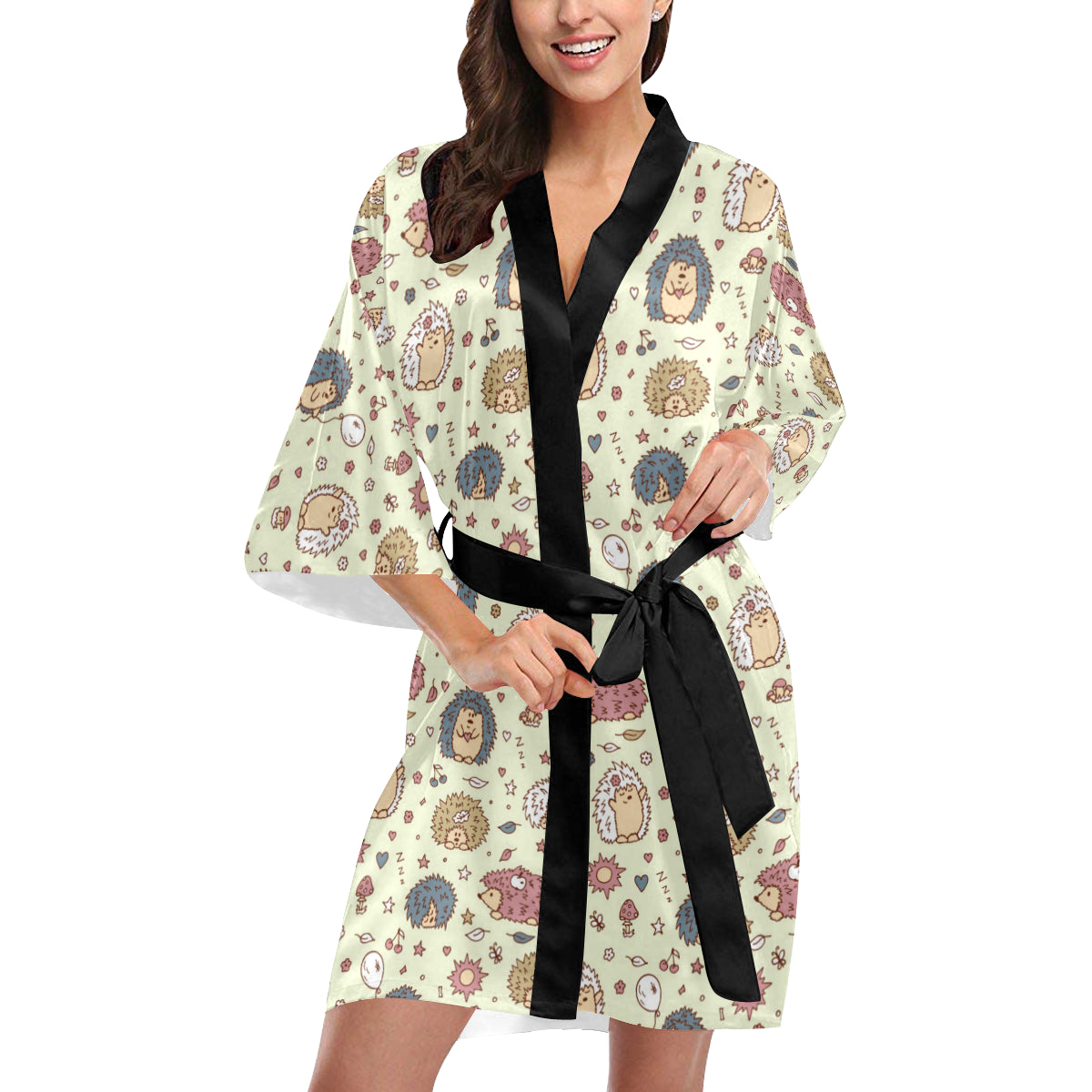 Hedgehog Cute Pattern Print Design 01 Women's Short Kimono