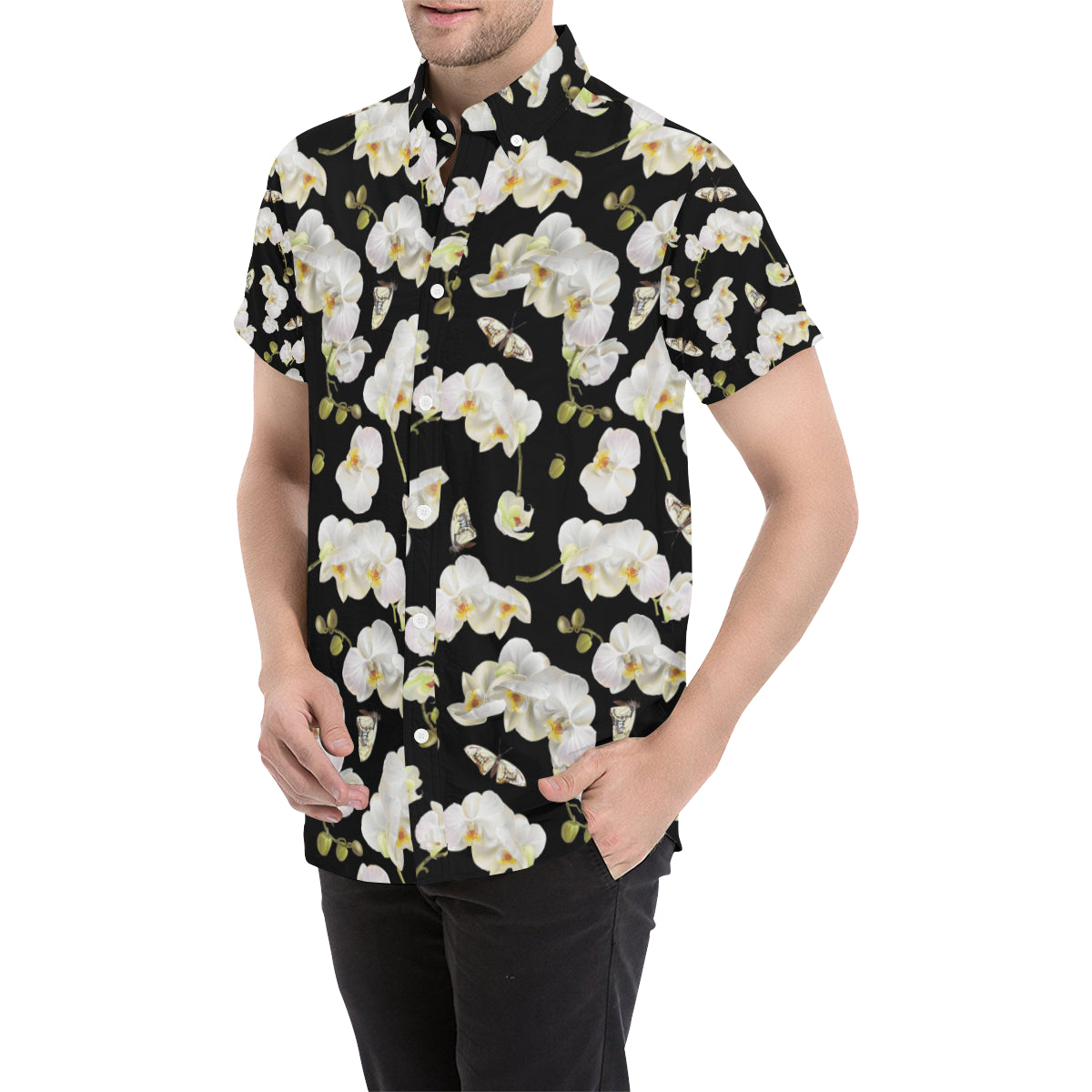 Orchid White Pattern Print Design OR011 Men's Short Sleeve Button Up Shirt