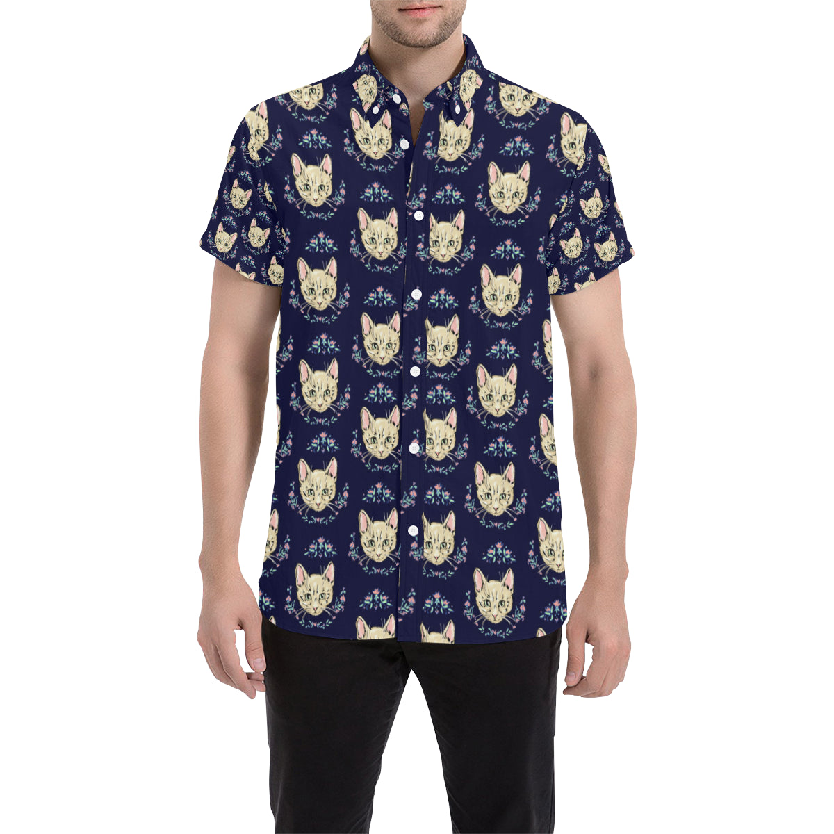 Cat Head with flower Print Pattern Men's Short Sleeve Button Up Shirt