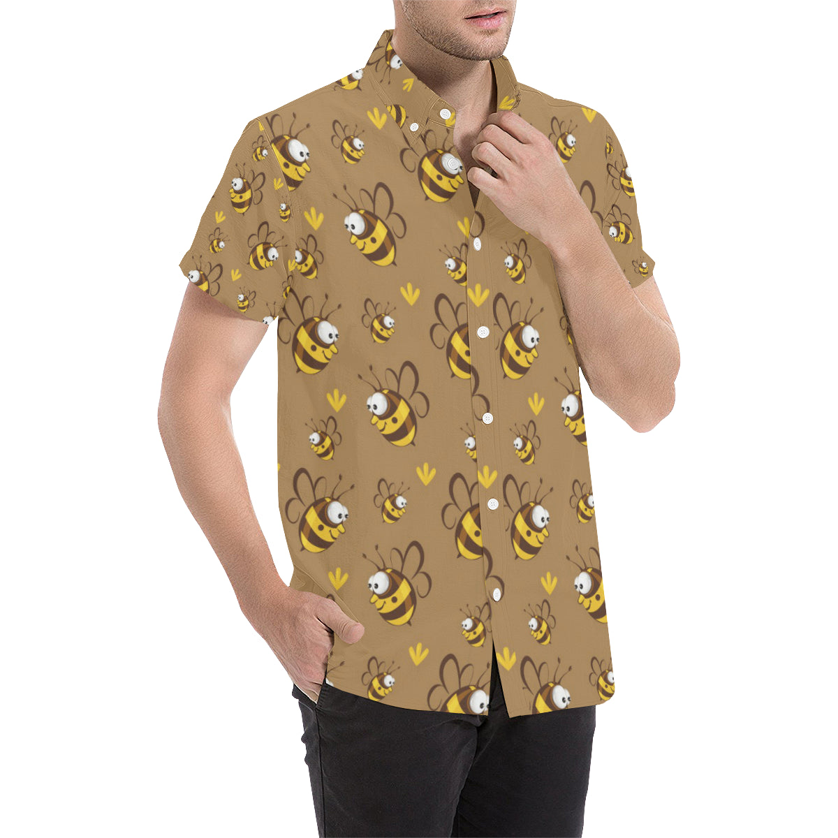 Bee Pattern Print Design BEE09 Men's Short Sleeve Button Up Shirt
