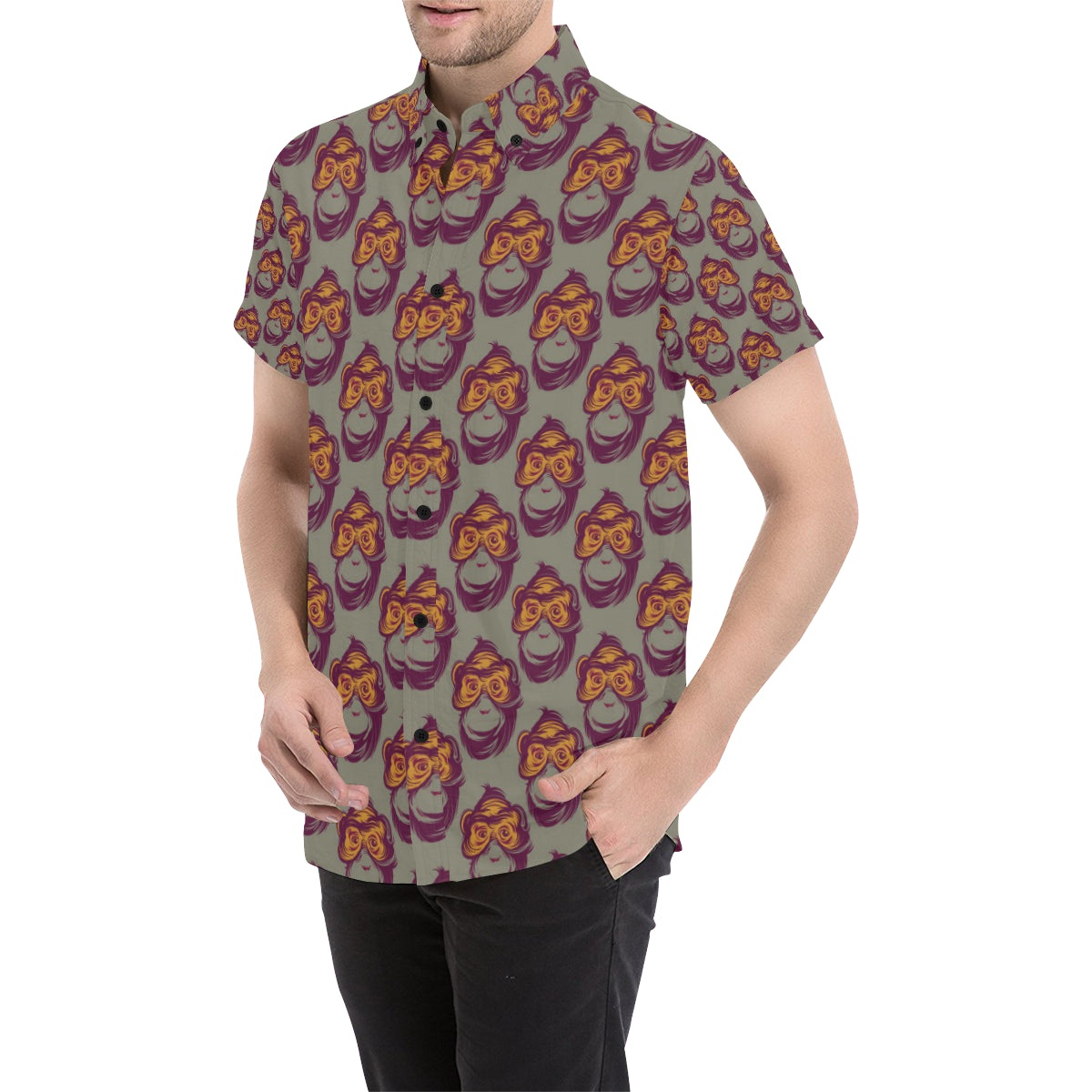 Chimpanzee Pattern Print Design 02 Men's Short Sleeve Button Up Shirt