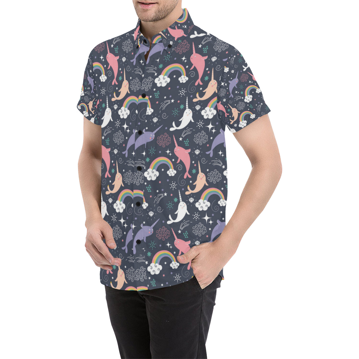 Narwhal Pattern Print Design 01 Men's Short Sleeve Button Up Shirt