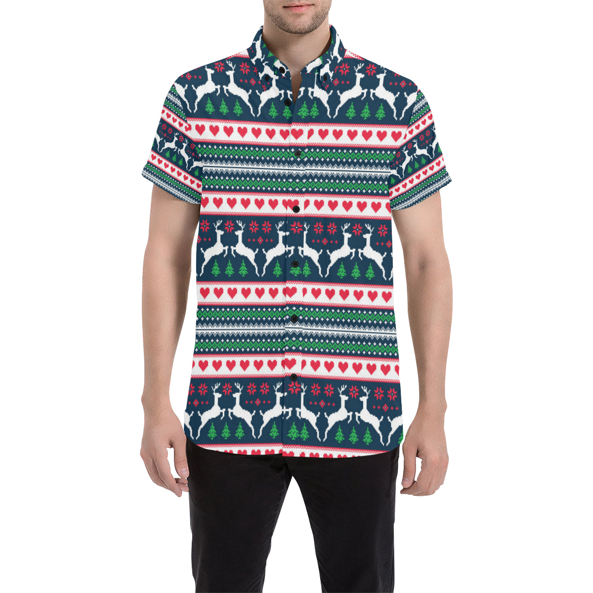 Reindeer Pattern Print Design 03 Men's Short Sleeve Button Up Shirt