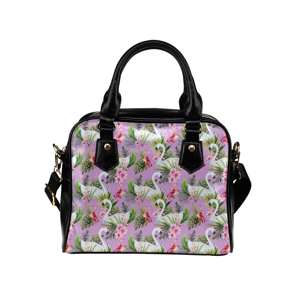 Swan with Flower Pattern Print Design 01 Shoulder Handbag
