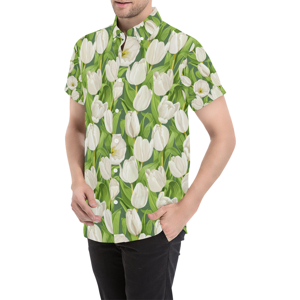 Tulip White Pattern Print Design TP05 Men's Short Sleeve Button Up Shirt
