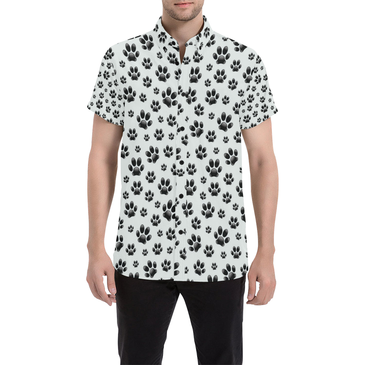 Paw Themed Print Men's Short Sleeve Button Up Shirt