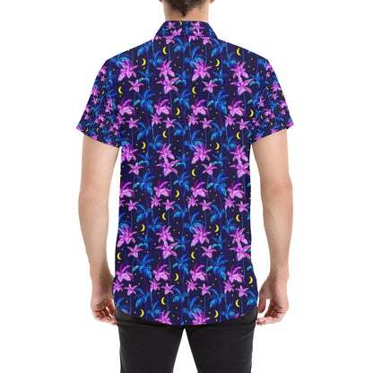 Palm Tree Night Scene Design Print Men's Short Sleeve Button Up Shirt