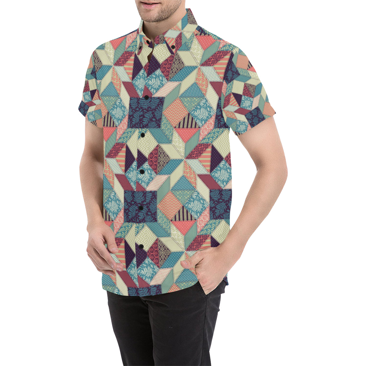 Patchwork Pattern Print Design 02 Men's Short Sleeve Button Up Shirt