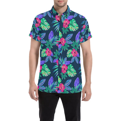 Tropical Flower Pattern Print Design TF09 Men's Short Sleeve Button Up Shirt