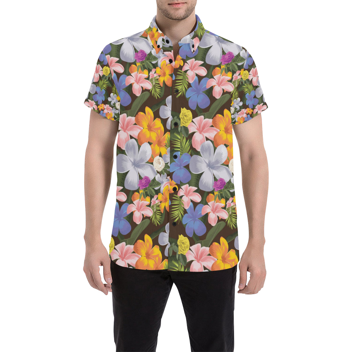 Plumeria Pattern Print Design PM03 Men's Short Sleeve Button Up Shirt