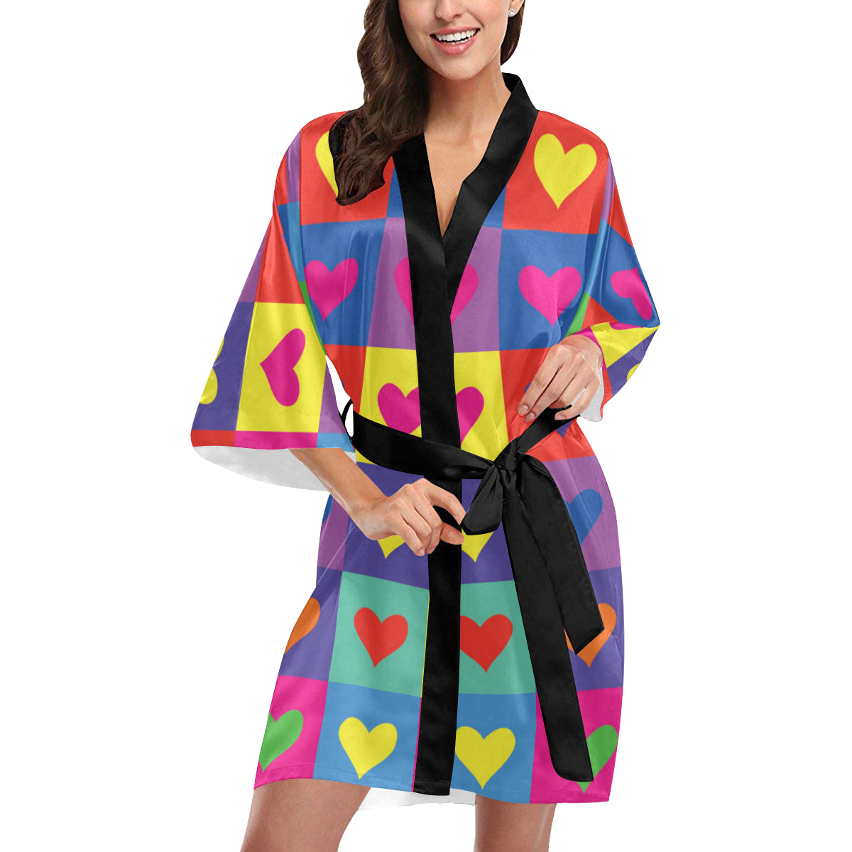 Pop Art Heart Pattern Print Design A01 Women's Short Kimono