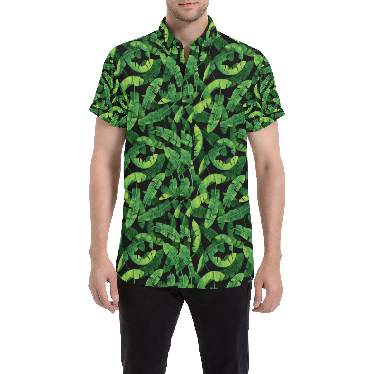 Banana Leaf Pattern Print Design 02 Men's Short Sleeve Button Up Shirt