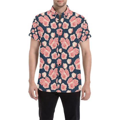 Rose Pattern Print Design A03 Men's Short Sleeve Button Up Shirt