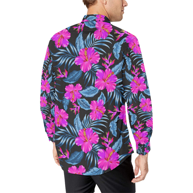 Neon Pink Hibiscus Pattern Print Design HB015 Men's Long Sleeve Shirt