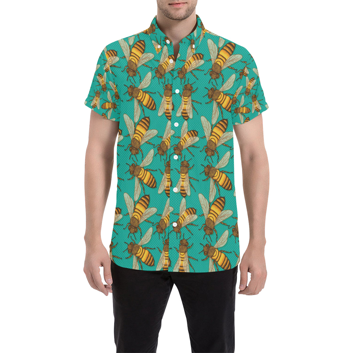 Bee Pattern Print Design BEE04 Men's Short Sleeve Button Up Shirt