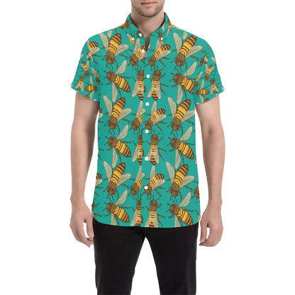 Bee Pattern Print Design BEE04 Men's Short Sleeve Button Up Shirt