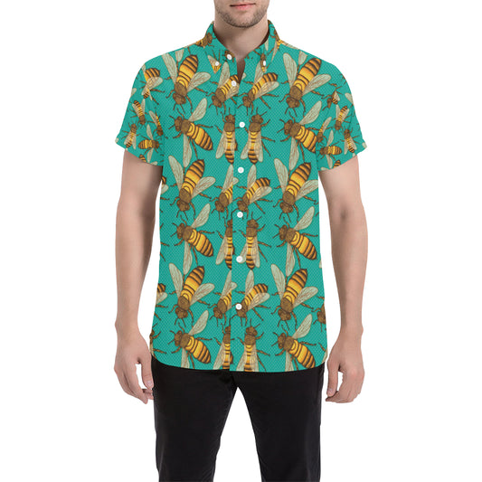 Bee Pattern Print Design BEE04 Men's Short Sleeve Button Up Shirt