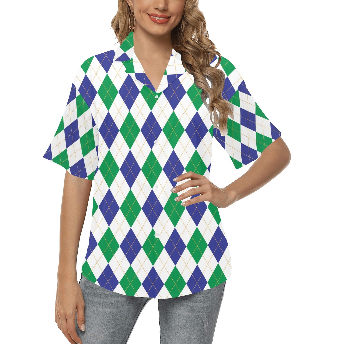 Argyle Green Blue Pattern Print Design 03 Women's Hawaiian Shirt
