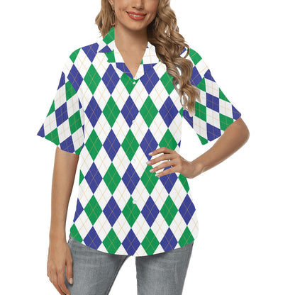 Argyle Green Blue Pattern Print Design 03 Women's Hawaiian Shirt
