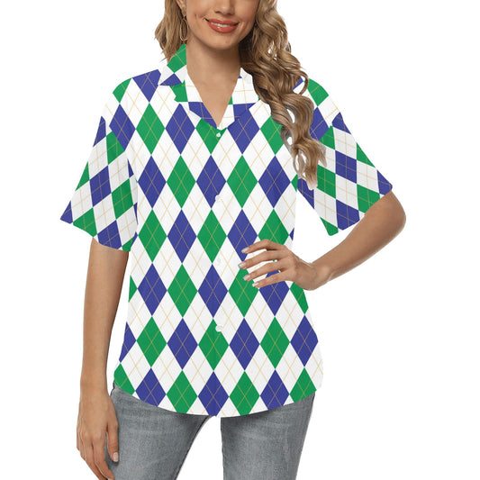 Argyle Green Blue Pattern Print Design 03 Women's Hawaiian Shirt