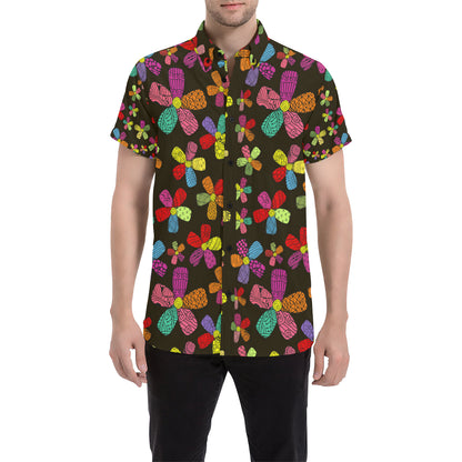 Flower Power Colorful Print Pattern Men's Short Sleeve Button Up Shirt