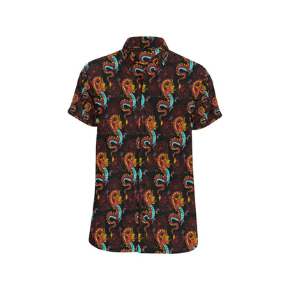 Chinese Dragons and Peonies Design Men's Short Sleeve Button Up Shirt