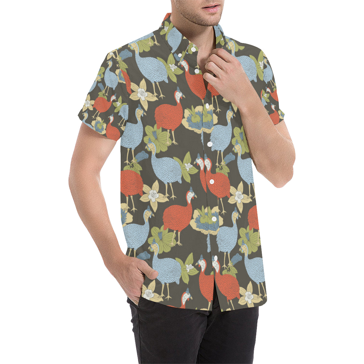 Guinea Fowl Pattern Print Design 02 Men's Short Sleeve Button Up Shirt