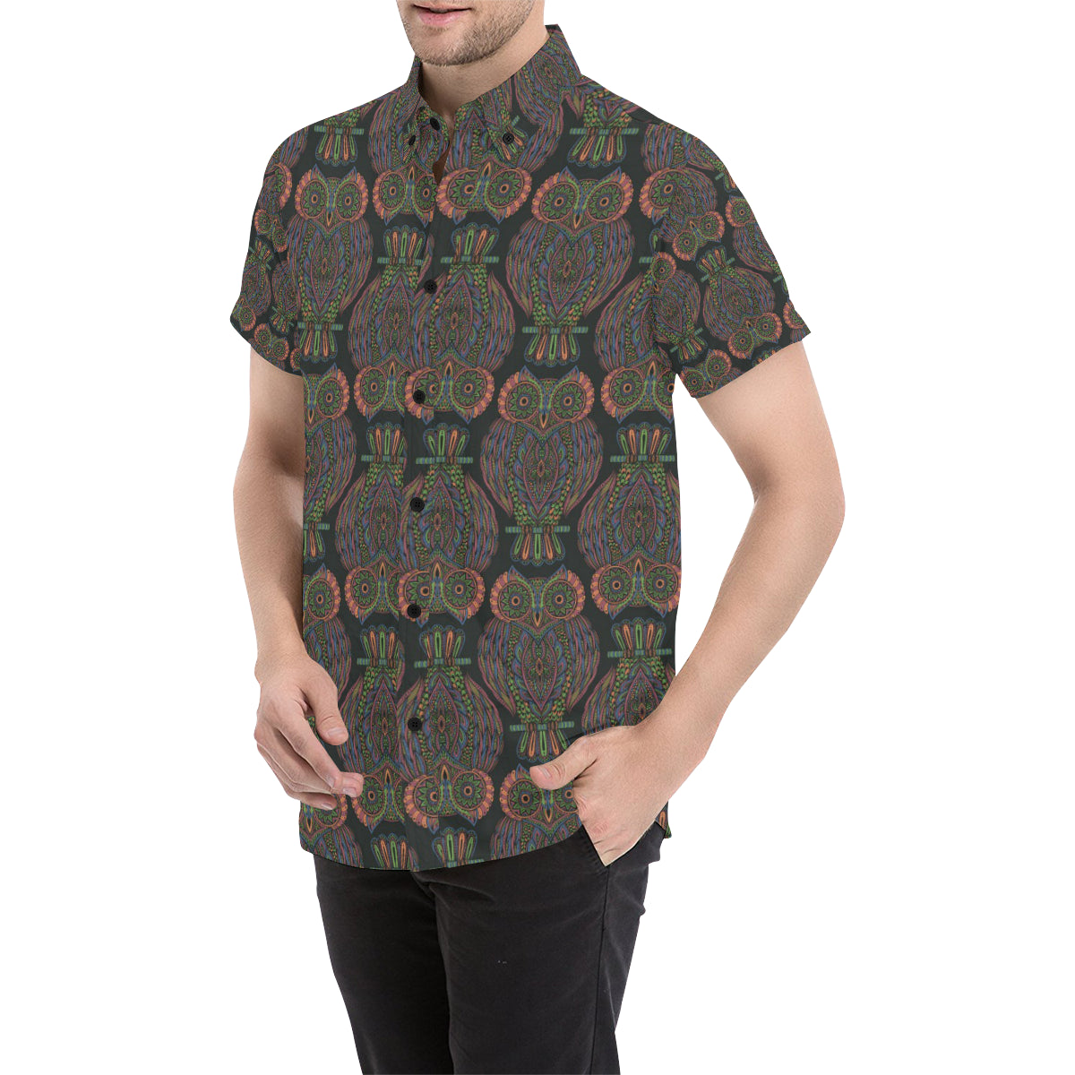 Owl Pattern Print Design A05 Men's Short Sleeve Button Up Shirt