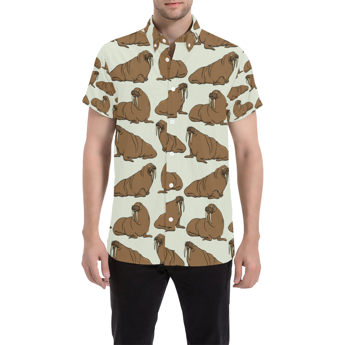 Walrus Pattern Print Design 03 Men's Short Sleeve Button Up Shirt