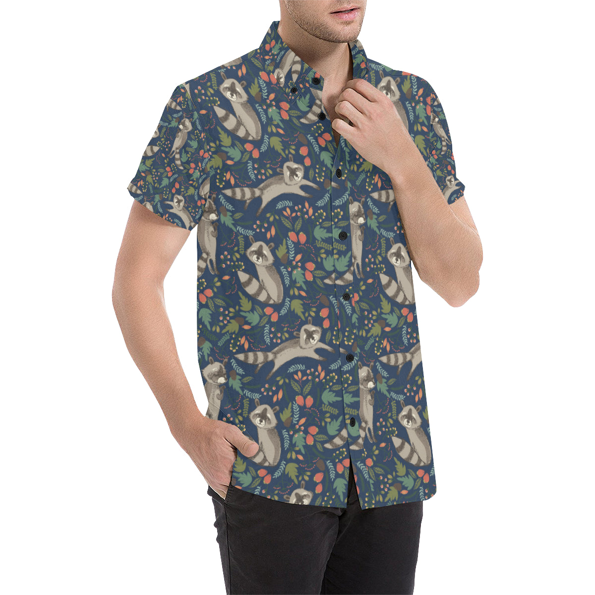Raccoon Pattern Print Design A02 Men's Short Sleeve Button Up Shirt