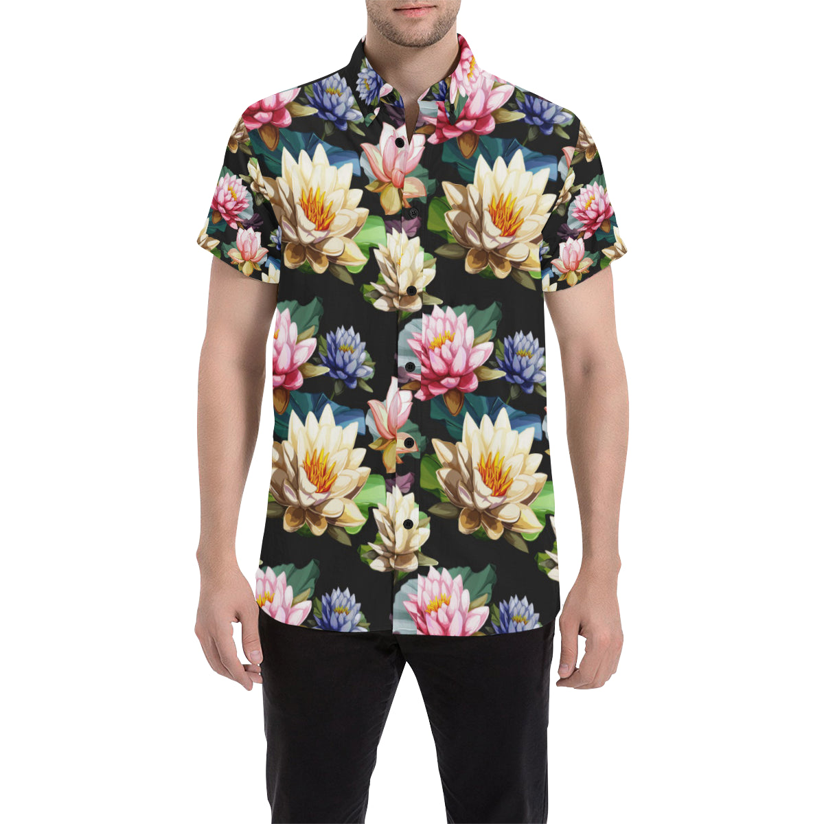 Water Lily Pattern Print Design WL02 Men's Short Sleeve Button Up Shirt