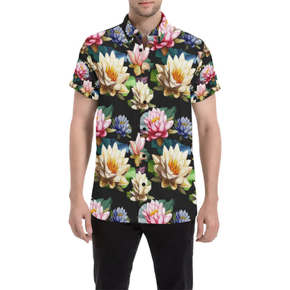 Water Lily Pattern Print Design WL02 Men's Short Sleeve Button Up Shirt