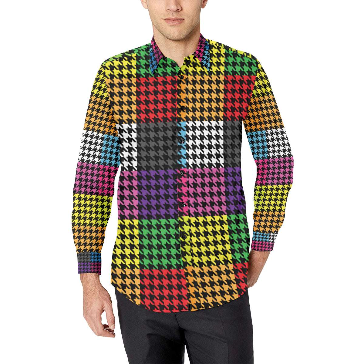 Houndstooth Colorful Pattern Print Design 01 Men's Long Sleeve Shirt