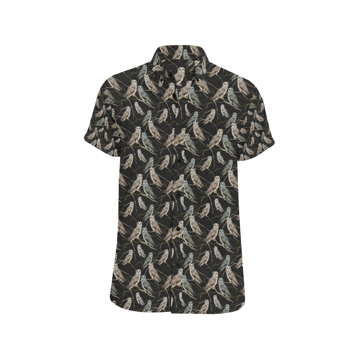 Owl Branch Themed Design Print Men's Short Sleeve Button Up Shirt