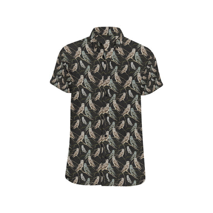 Owl Branch Themed Design Print Men's Short Sleeve Button Up Shirt