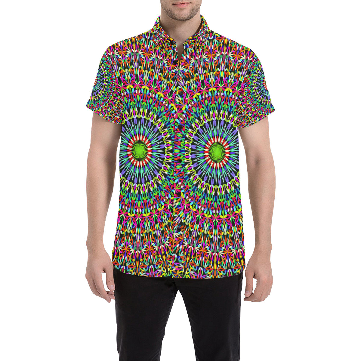 Bohemian Colorful Style Print Men's Short Sleeve Button Up Shirt