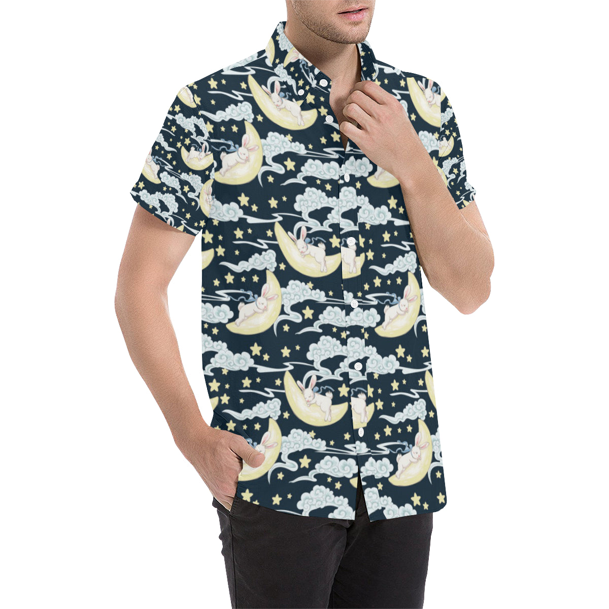 Rabbit Sleeping Pattern Print Design RB08 Men's Short Sleeve Button Up Shirt