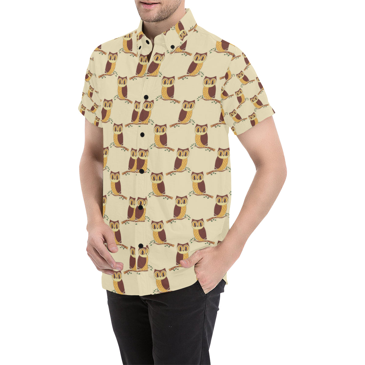 Owl Pattern Print Design A07 Men's Short Sleeve Button Up Shirt