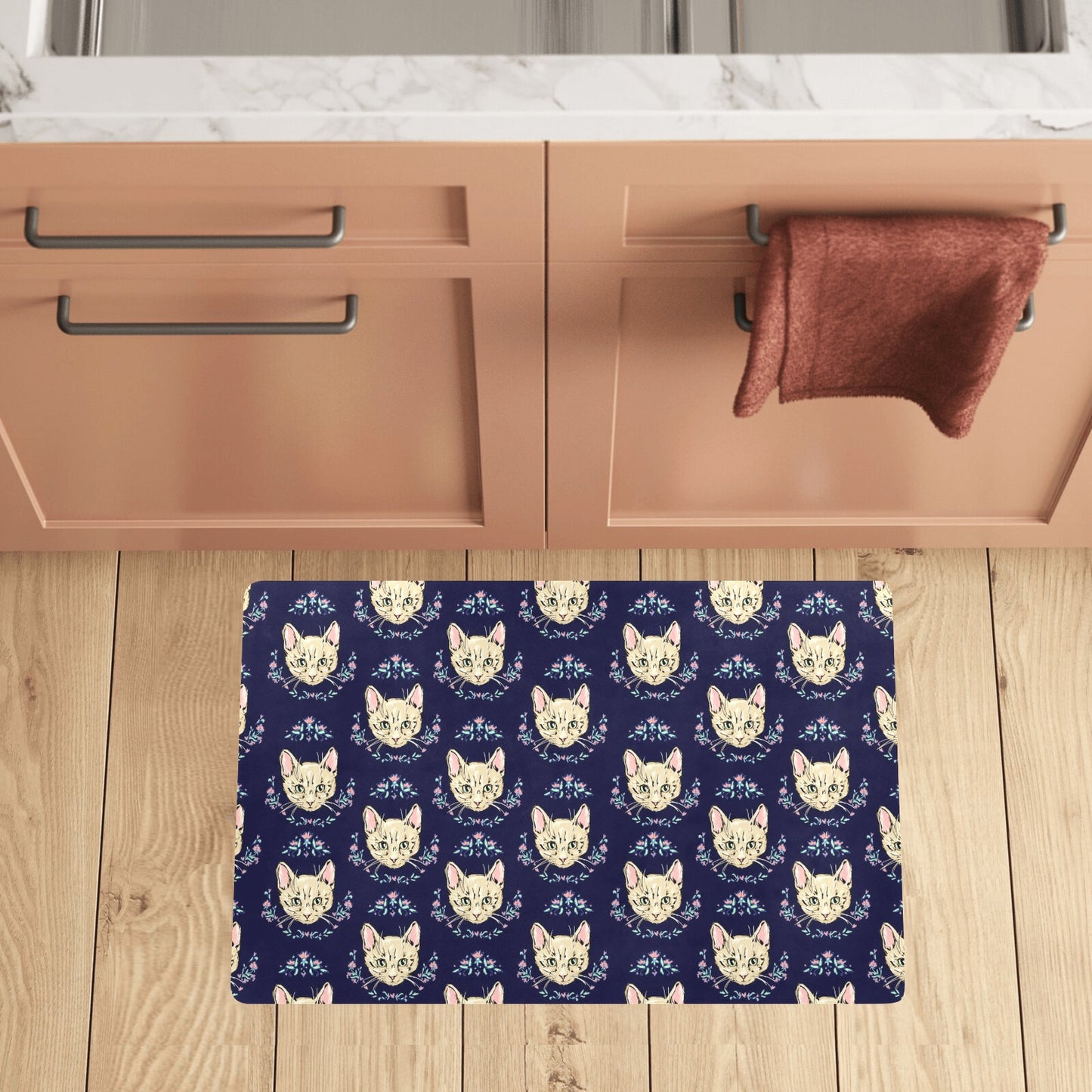 Cat Head with flower Print Pattern Kitchen Mat