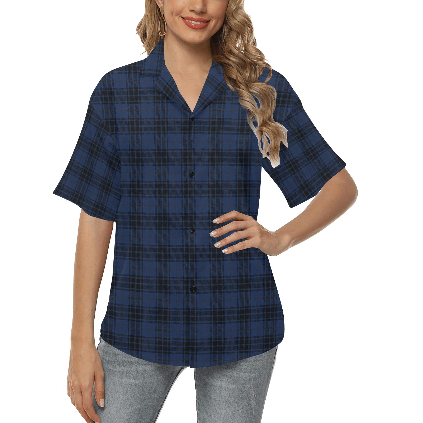 Navy Blue Tartan Plaid Pattern Women's Hawaiian Shirt