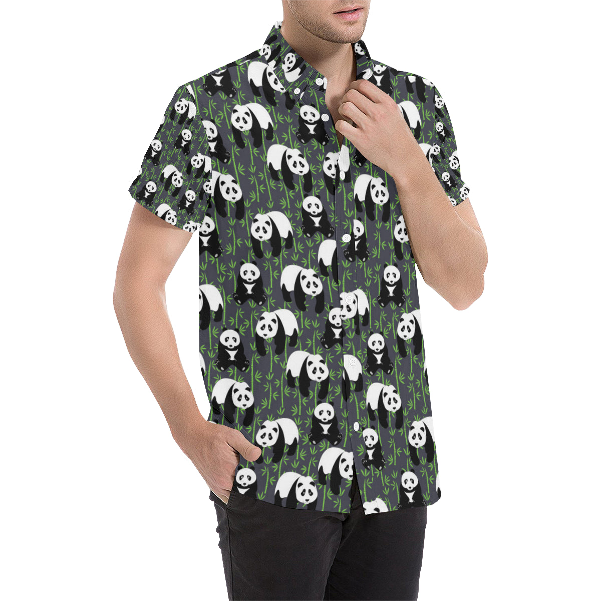 Panda Bear Bamboo Themed Print Men's Short Sleeve Button Up Shirt