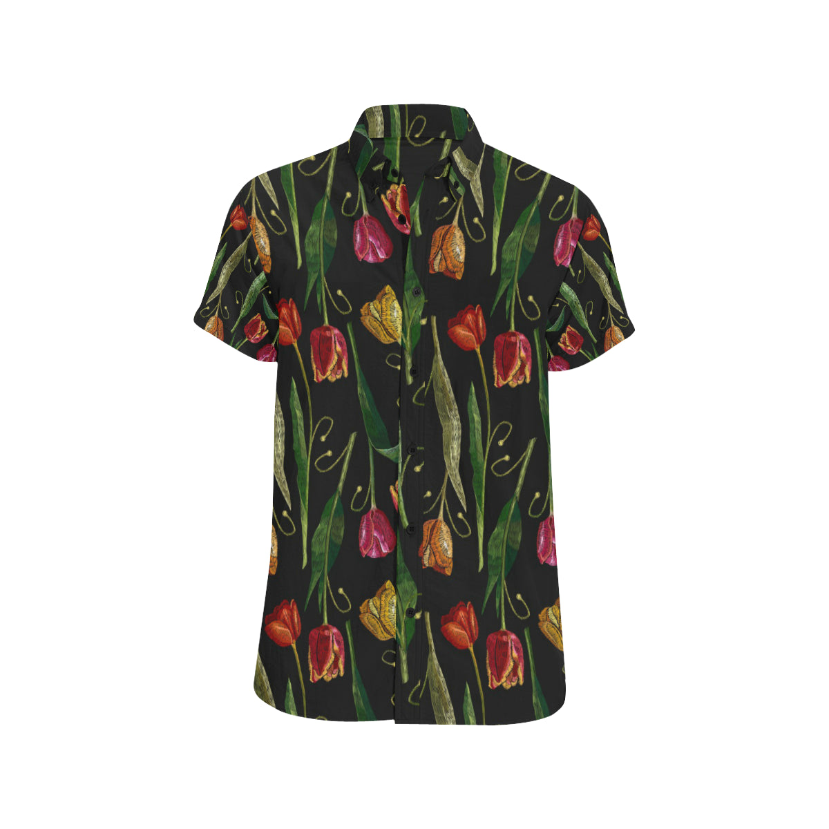 Tulip Embroidered Pattern Print Design TP01 Men's Short Sleeve Button Up Shirt
