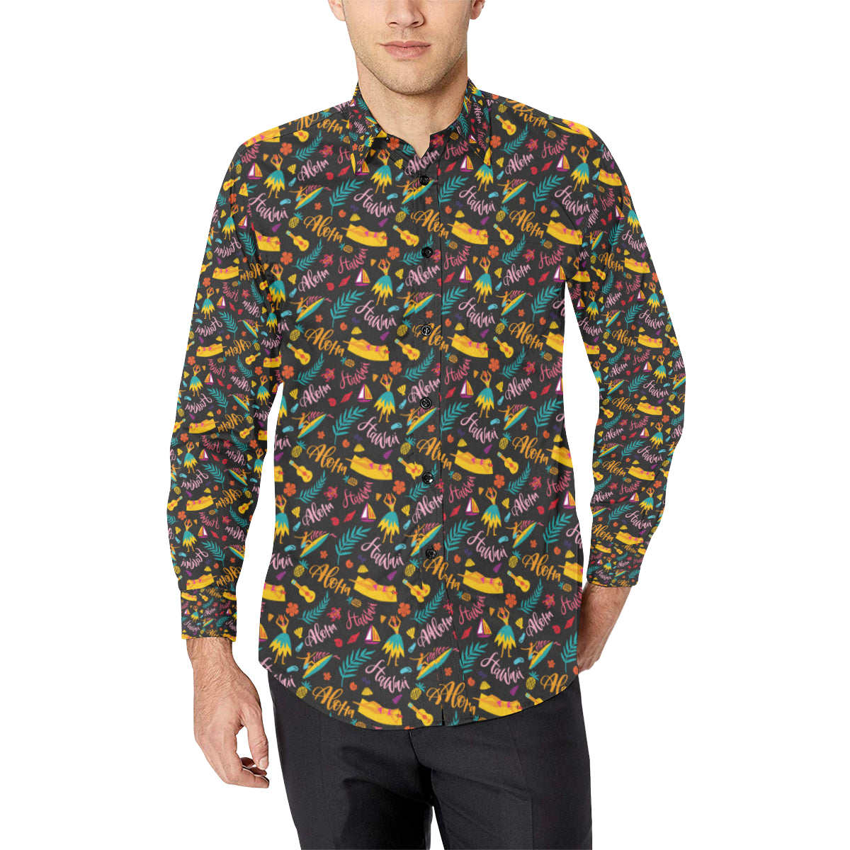 Aloha Hawaii Summer Design Themed Print Men's Long Sleeve Shirt