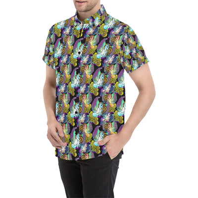 Unicorn With Wings Print Pattern Men's Short Sleeve Button Up Shirt