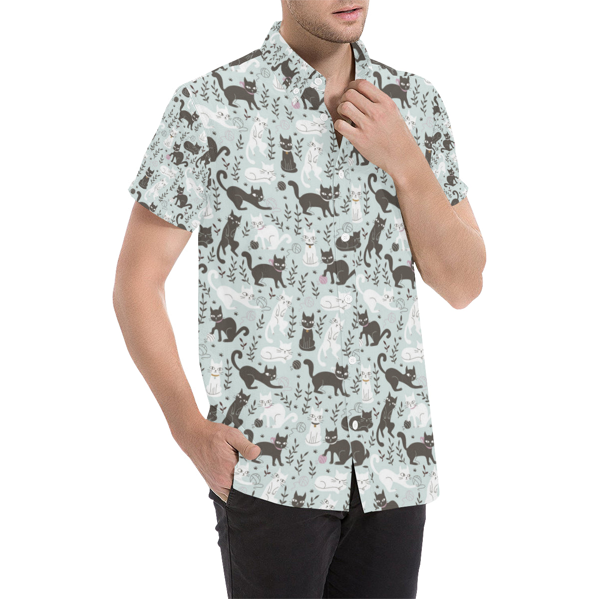 Cat Pattern Print Design 08 Men's Short Sleeve Button Up Shirt
