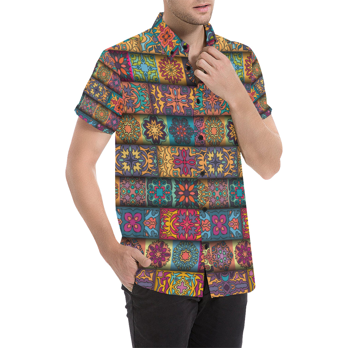 Mandala Style Design Print Men's Short Sleeve Button Up Shirt