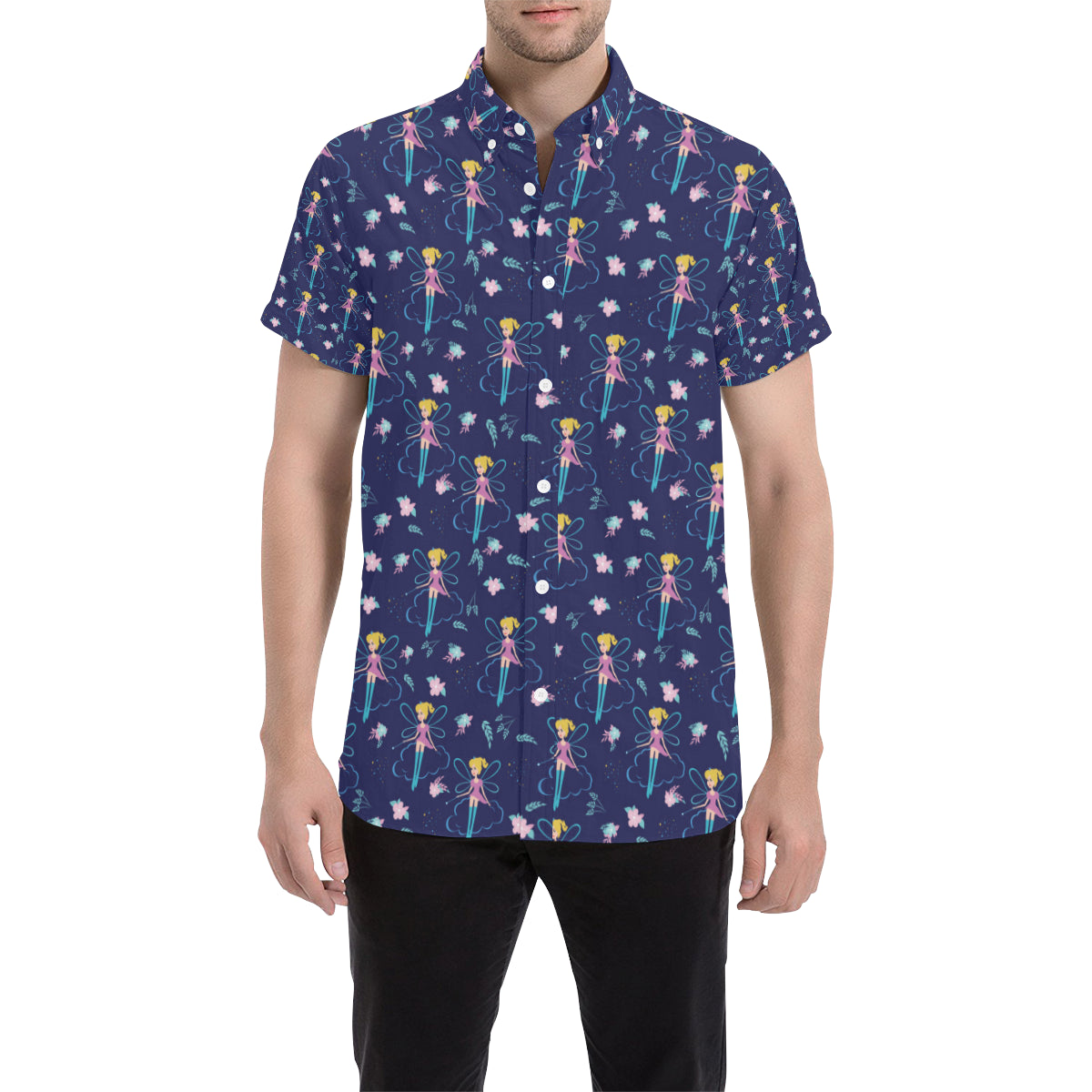 Fairy Cartoon Style Print Pattern Men's Short Sleeve Button Up Shirt